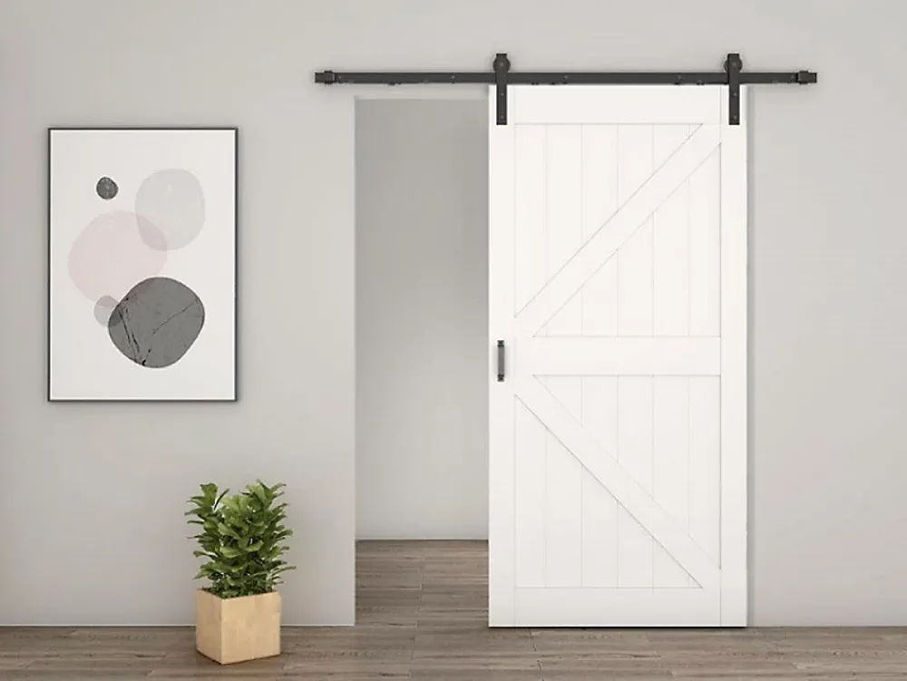 Schulte Porte Coulissante<porte coulissante complète en bois - 90x215cm - porte de grange - chêne - oak blanc - système ouvert noir