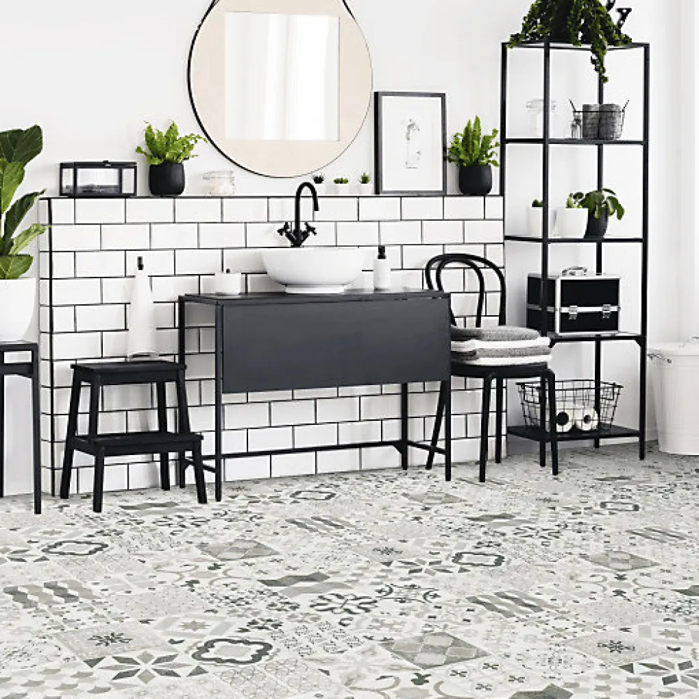 Tarkett Sol Lino - Carreaux de ciment - Noir - Rouleau de 2m x 5m- Lino Sol Vinyle Pvc