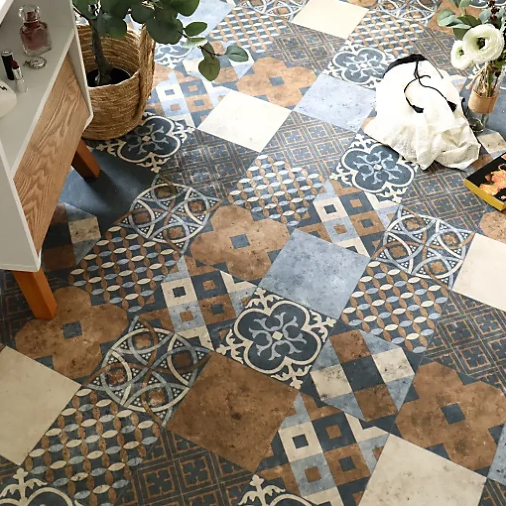 Tarkett Lino Sol Vinyle Pvc<Sol PVC - Carreaux Art Déco - Marron et Bleu Gris - Rouleau de 4m x 2m
