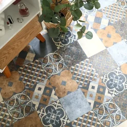 Tarkett Lino Sol Vinyle Pvc<Sol PVC - Carreaux Art Déco - Marron et Bleu Gris - Rouleau de 4m x 2m