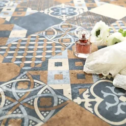 Tarkett Lino Sol Vinyle Pvc<Sol PVC - Carreaux Art Déco - Marron et Bleu Gris - Rouleau de 4m x 2m