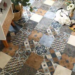 Tarkett Lino Sol Vinyle Pvc<Sol PVC - Carreaux Art Déco - Marron et Bleu Gris - Rouleau de 4m x 5m