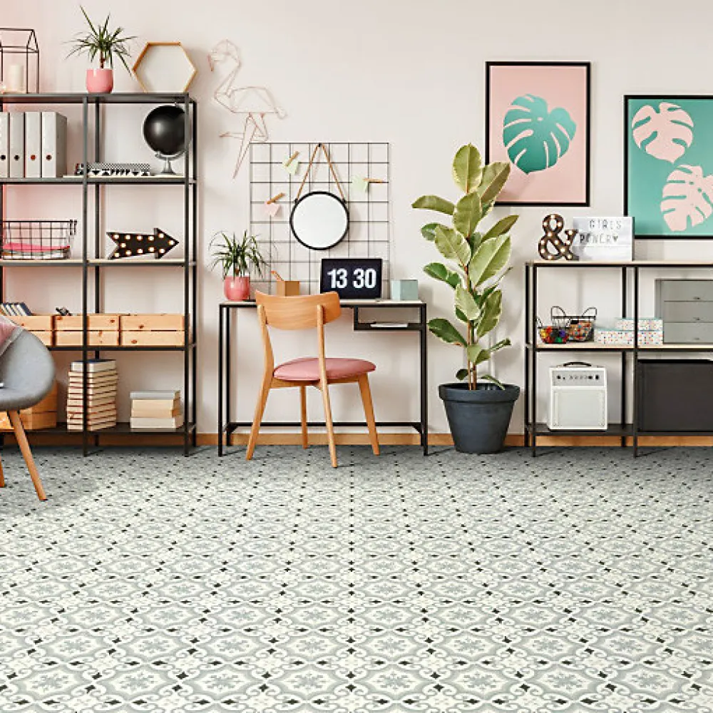 Décoweb Sol PVC Textile - Effet carreaux de ciment Gris - Rouleau de 2m x 2m- Lino Sol Vinyle Pvc