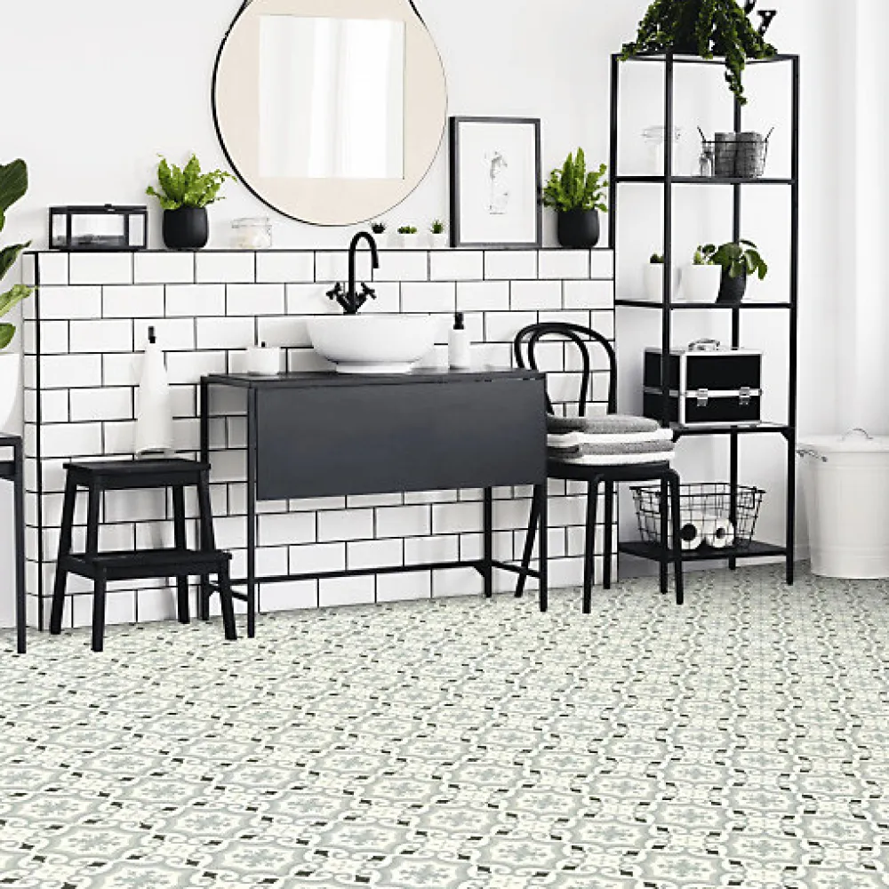 Décoweb Sol PVC Textile - Effet carreaux de ciment Gris - Rouleau de 2m x 2m- Lino Sol Vinyle Pvc