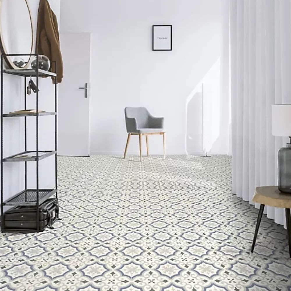 Décoweb Lino Sol Vinyle Pvc<Sol PVC Textile motif carreaux de ciment Bleu et gris - Rouleau de 4m x 4m