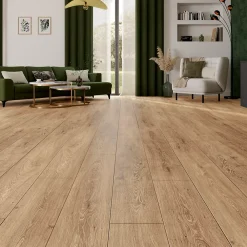 GoodHome Sol Stratifié<Sol stratifié Amande , passage intense AC5, effet chêne blond, L.138,3 cm x l.19,3 cm x ép.8 mm