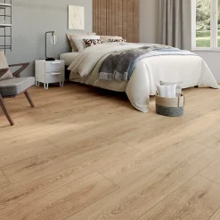 GoodHome Sol Stratifié<Sol stratifié Amande , passage intense AC5, effet chêne blond, L.138,3 cm x l.19,3 cm x ép.8 mm