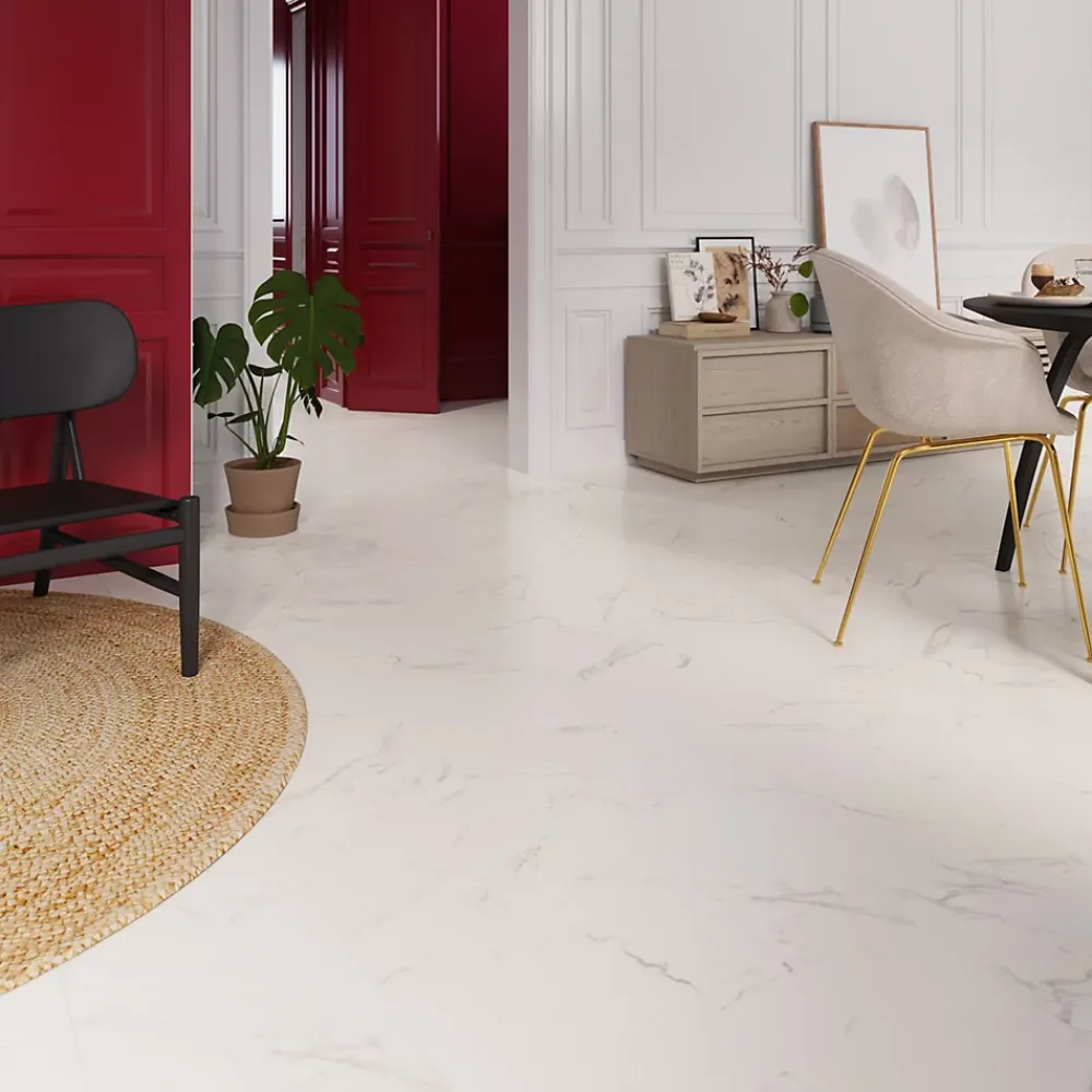 GoodHome Sol stratifié clipsable Elegance aspect marbre blanc 8 mm compatible pièces humides- Sol Stratifié
