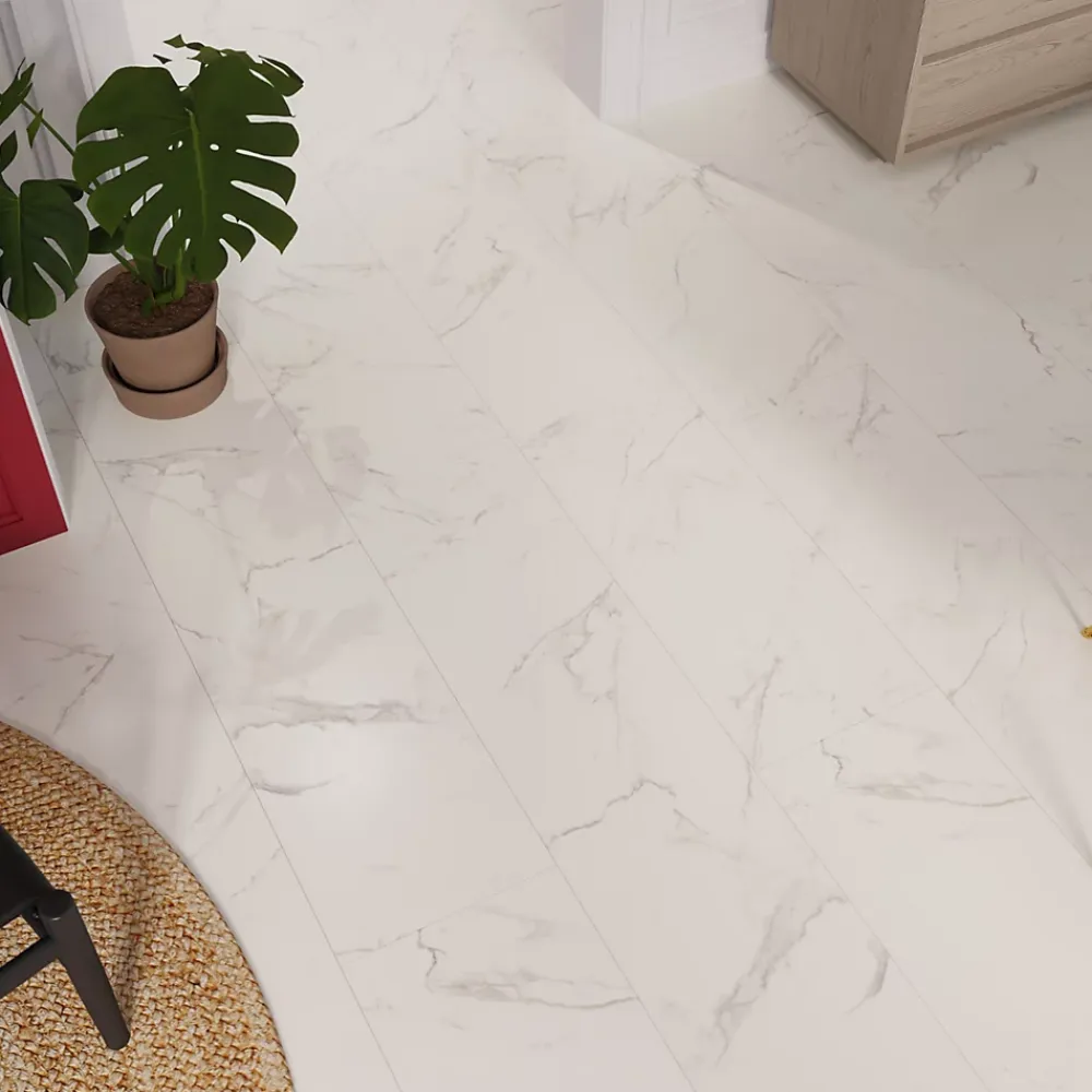 GoodHome Sol stratifié clipsable Elegance aspect marbre blanc 8 mm compatible pièces humides- Sol Stratifié