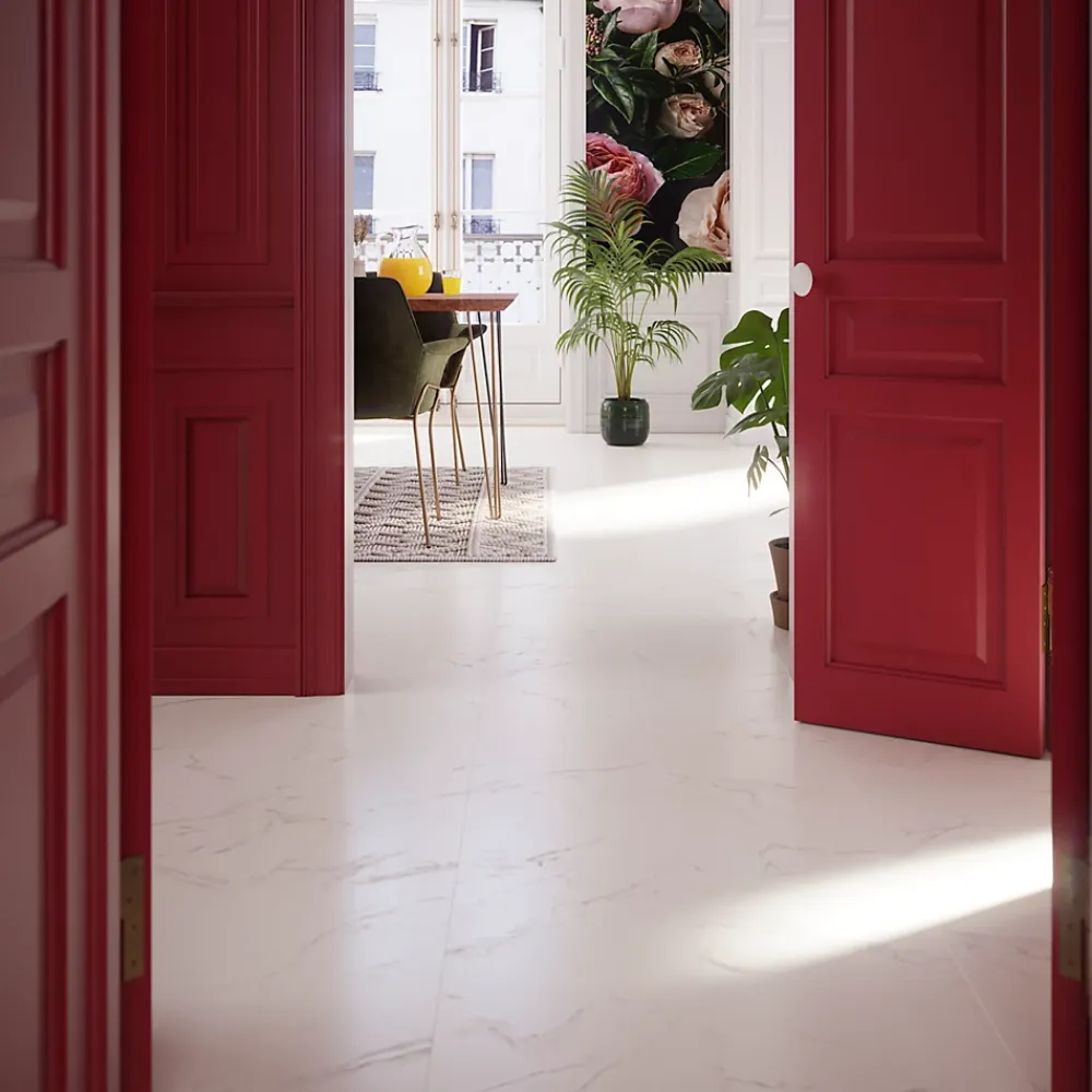 GoodHome Sol stratifié clipsable Elegance aspect marbre blanc 8 mm compatible pièces humides- Sol Stratifié