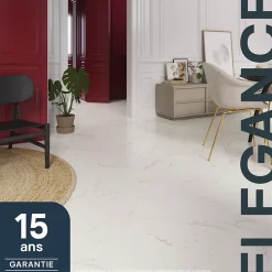 GoodHome Sol stratifié clipsable Elegance aspect marbre blanc 8 mm compatible pièces humides- Sol Stratifié