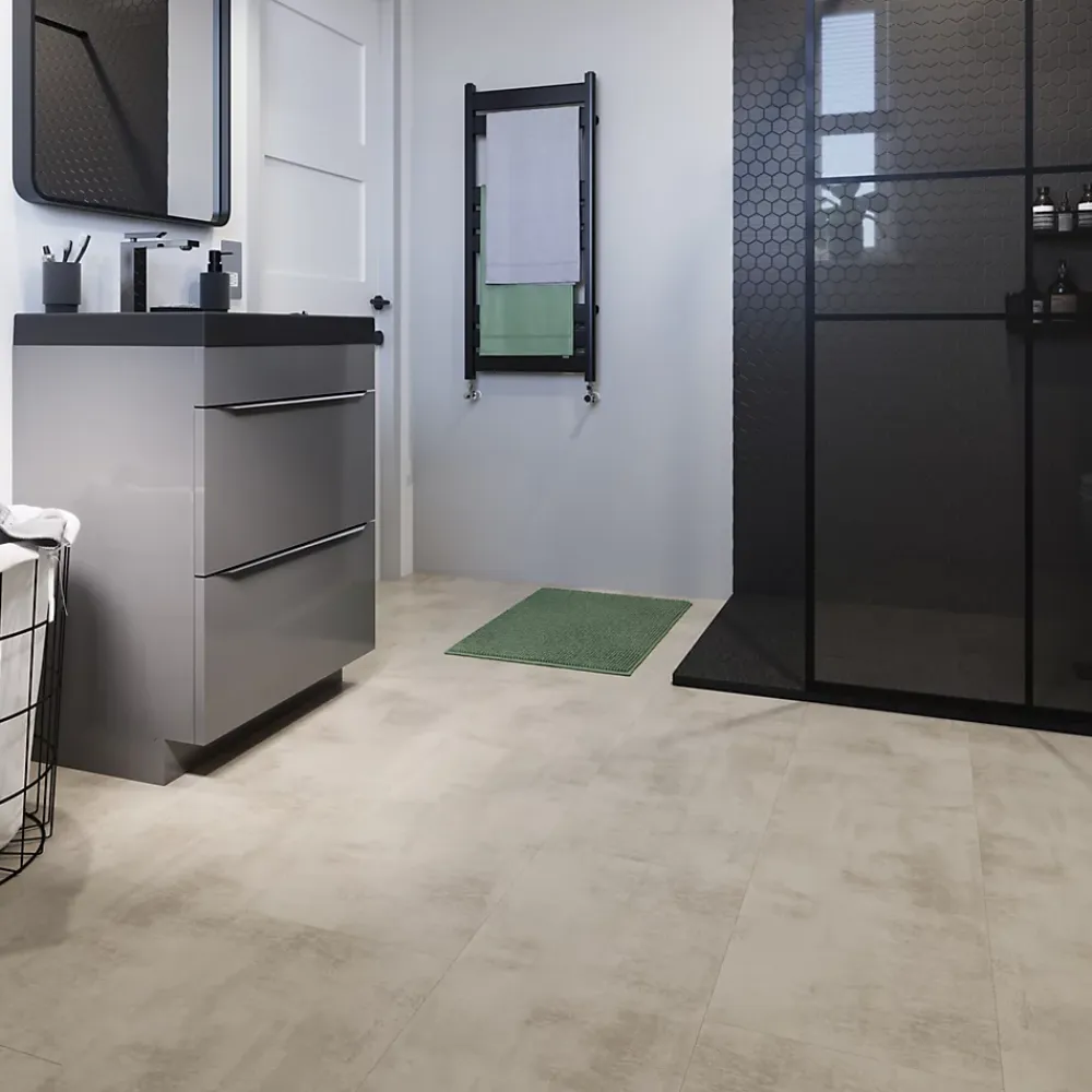 GoodHome Sol stratifié clipsable Konkrete aspect béton gris 8 mm compatible pièces humides- Sol Stratifié