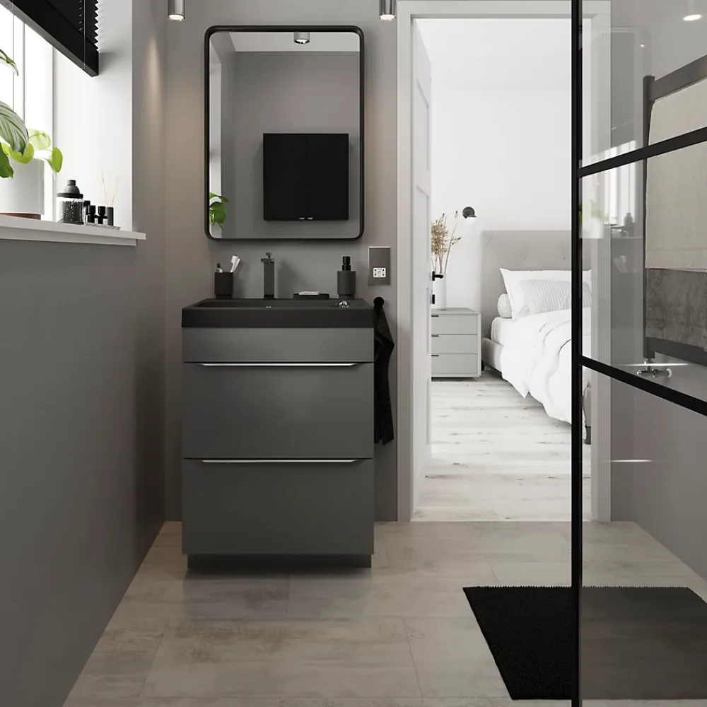 GoodHome Sol stratifié clipsable Konkrete aspect béton gris 8 mm compatible pièces humides- Sol Stratifié