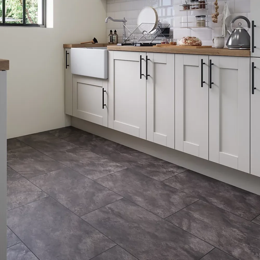 GoodHome Sol Stratifié<Sol stratifié clipsable Slate aspect pierre anthracite 8 mm compatible pièces humides