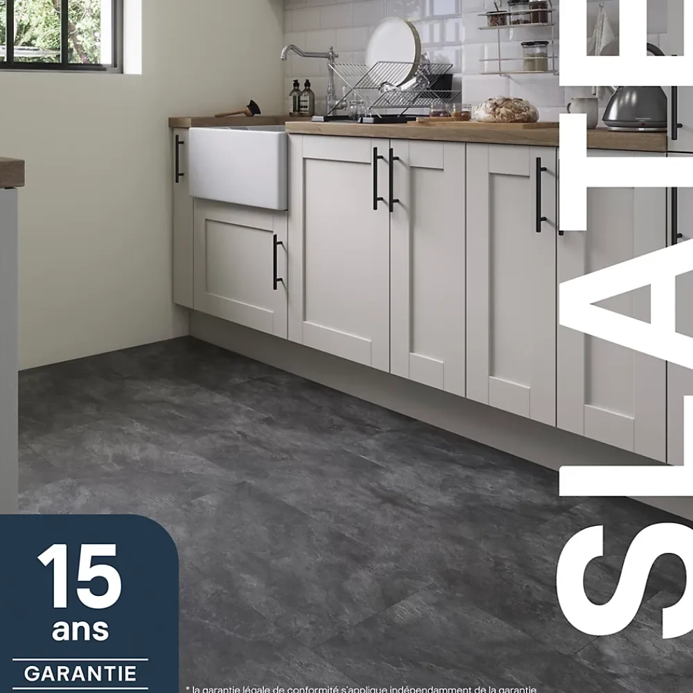 GoodHome Sol Stratifié<Sol stratifié clipsable Slate aspect pierre anthracite 8 mm compatible pièces humides