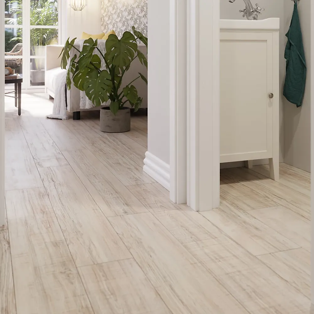 GoodHome Sol stratifié clipsable Yate chêne blanc 8 mm compatible pièces humides- Sol Stratifié