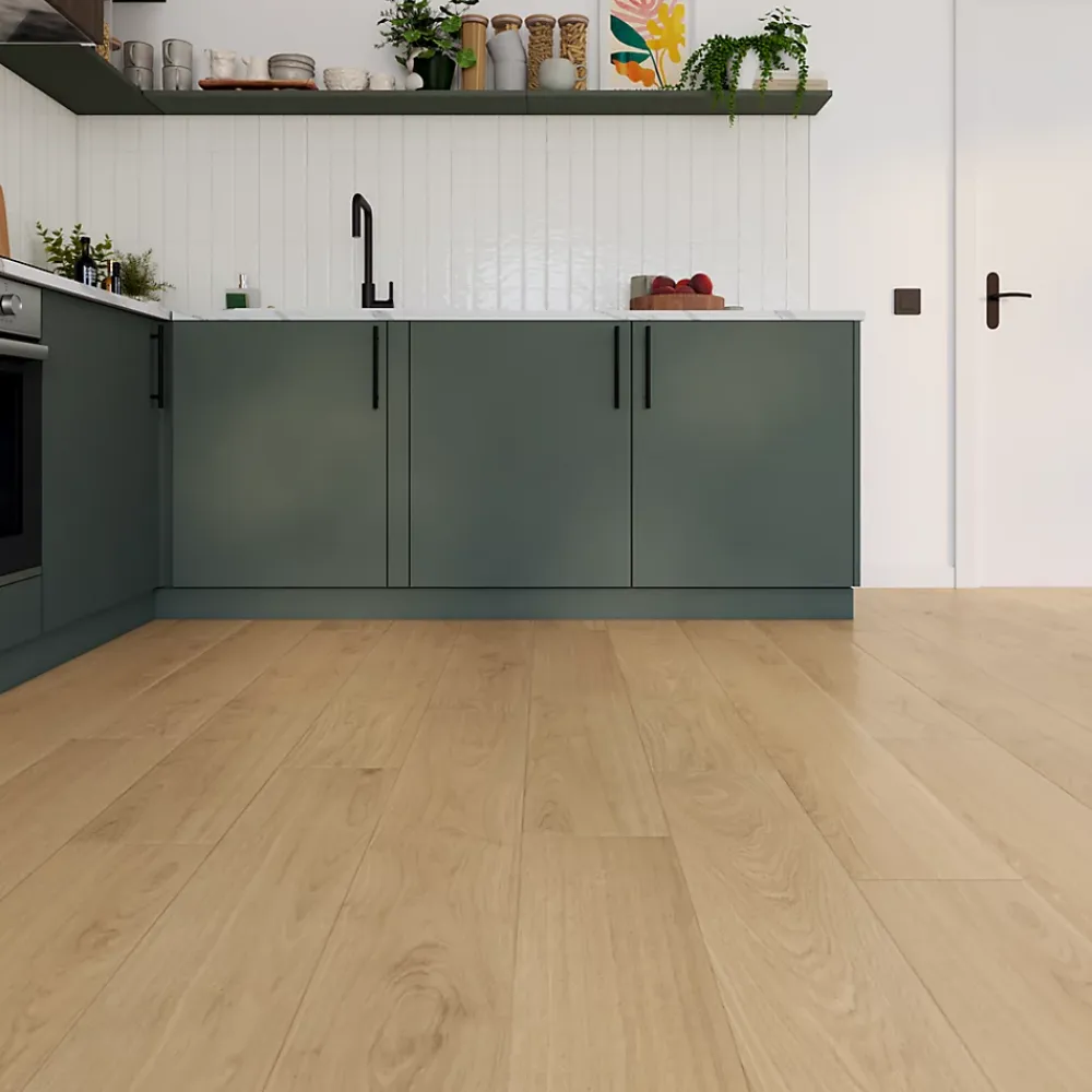 GoodHome Sol stratifié Comford , passage élevé AC4, effet chêne, L.129,2 cm x l.19,3 cm x ép.8 mm, résistant à l'eau- Sol Stratifié