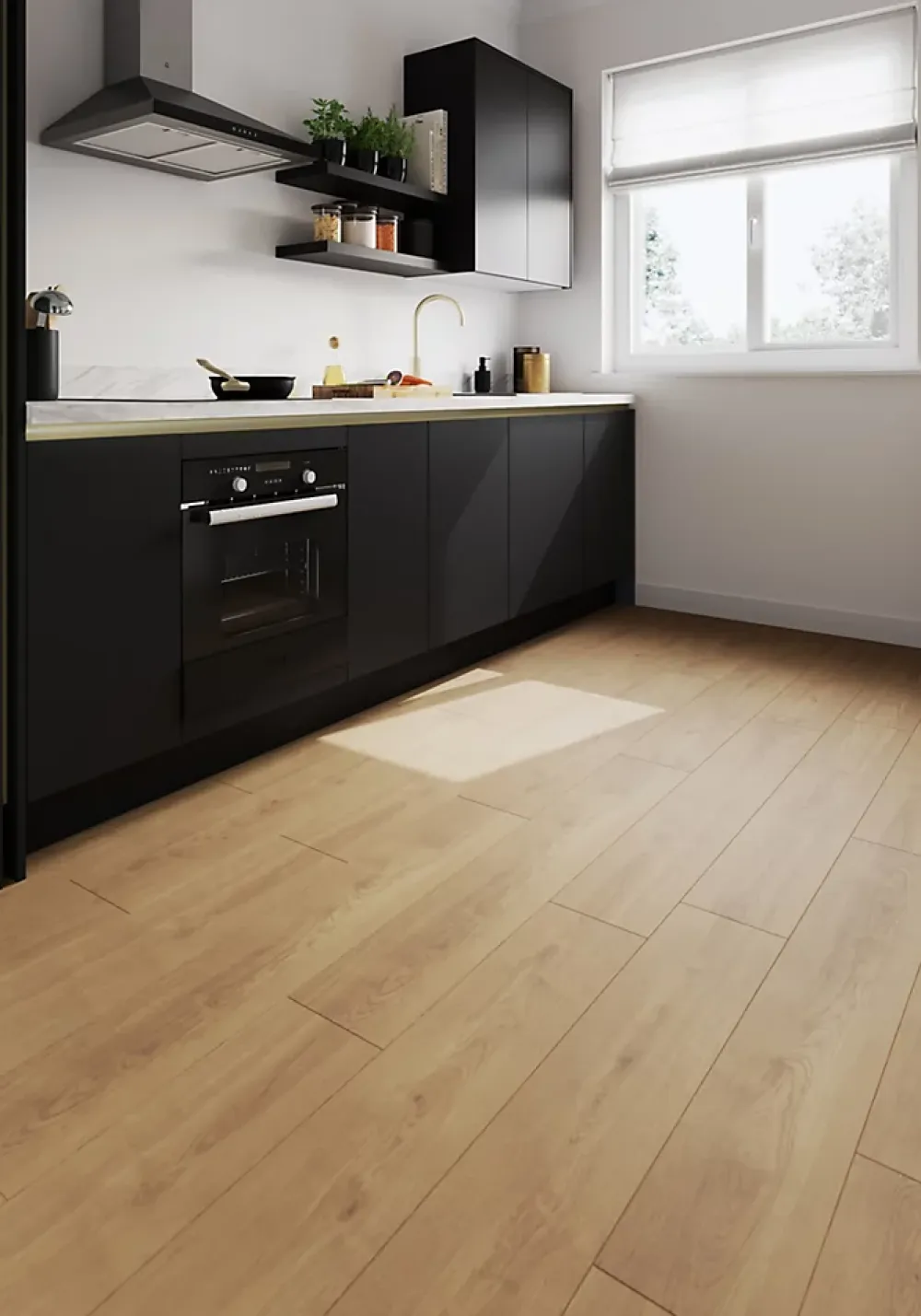 GoodHome Sol Stratifié<Sol stratifié Corduff , passage élevé AC4, effet chêne blond, L.128,5 cm x l.19,2 cm x ép.8 mm, résistant à l'eau