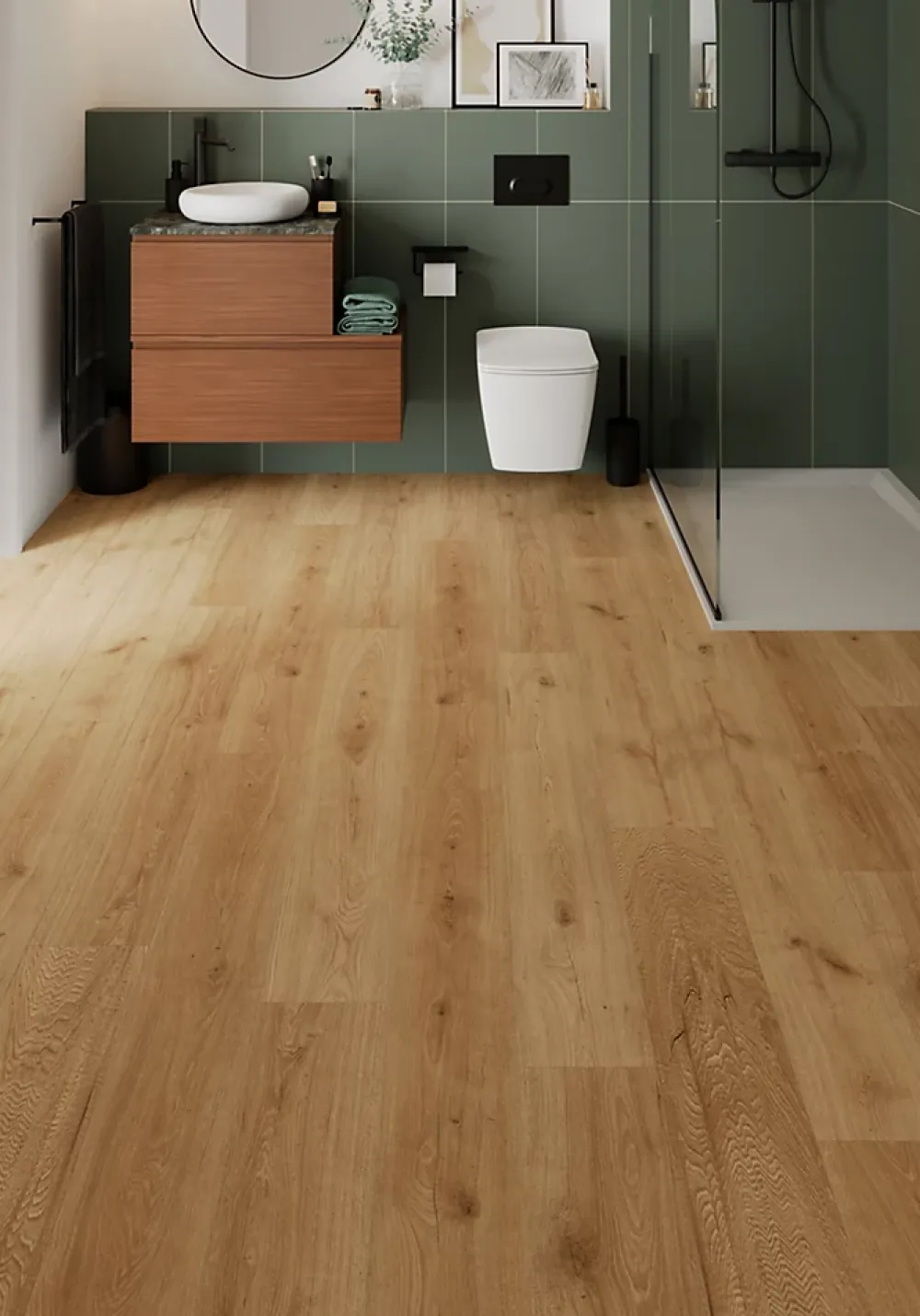 GoodHome Sol stratifié Cortland , passage élevé AC4, effet chêne miel, L.128,5 cm x l.19,2 cm x ép.8 mm, résistant à l'eau- Sol Stratifié