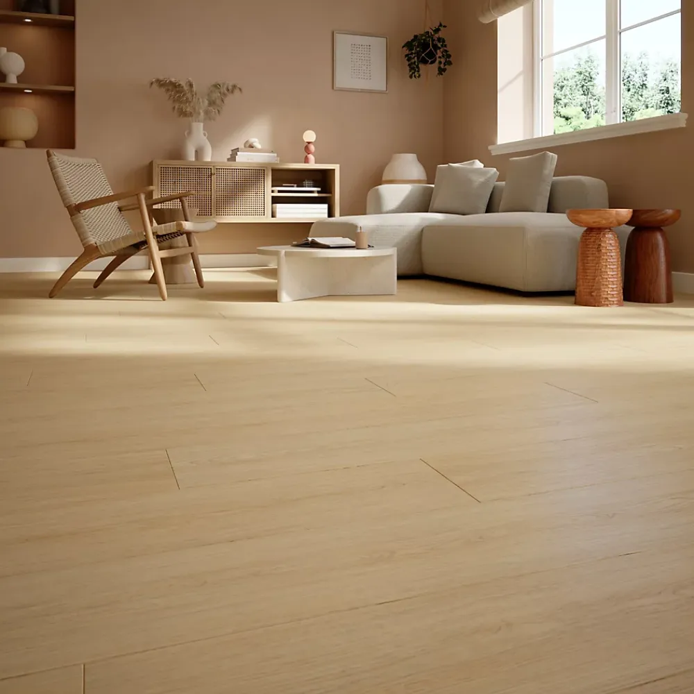 GoodHome Sol stratifié effet chêne blond passage intense AC5 L.129,2 x l.19,3 cm x ép.8 mm, Bryce- Sol Stratifié