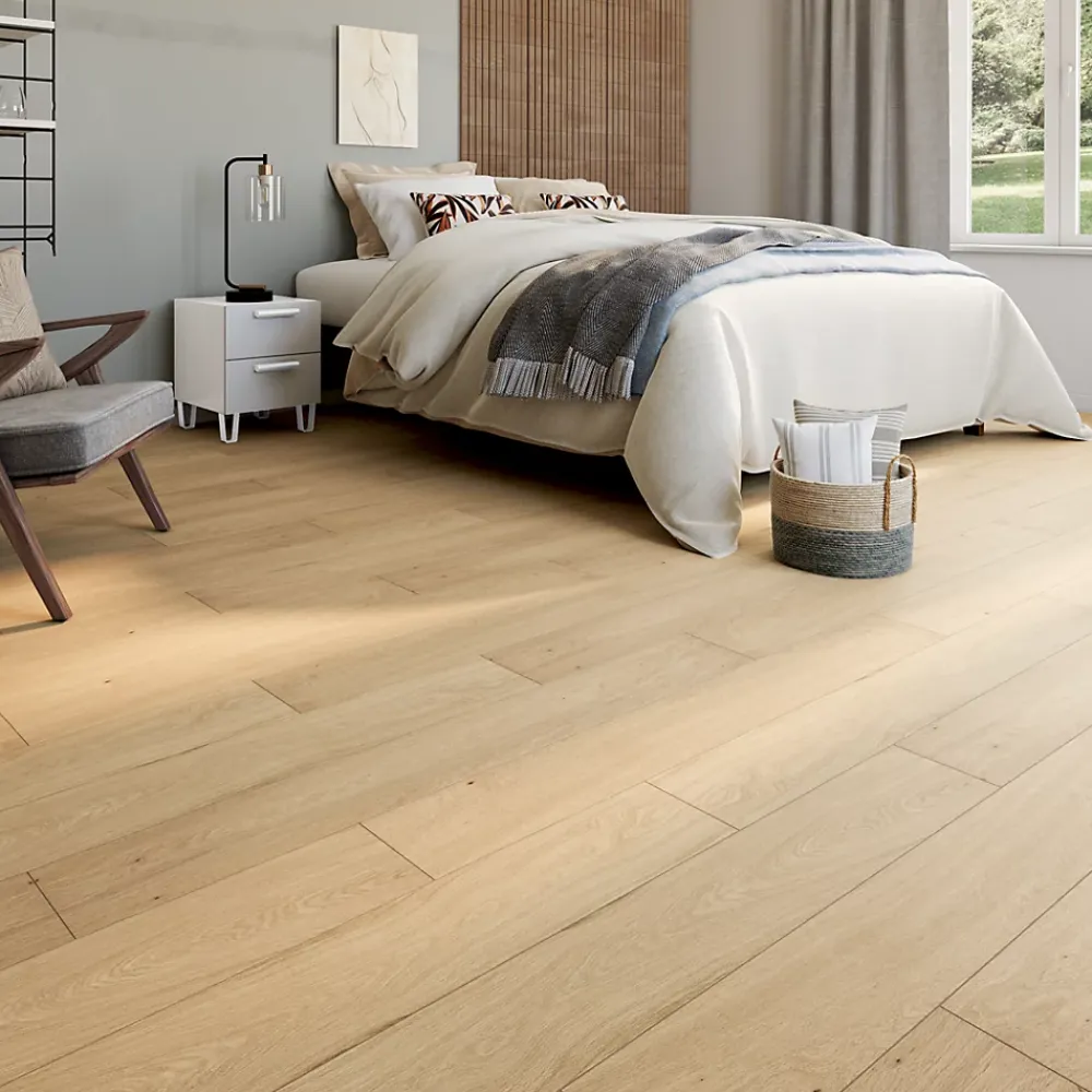 GoodHome Sol stratifié effet chêne blond passage intense AC5 L.129,2 x l.19,3 cm x ép.8 mm, Bryce- Sol Stratifié