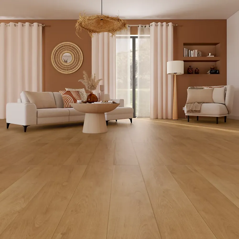 GoodHome Sol stratifié Gladstone , passage élevé AC4, effet chêne blond, L.128,6 cm x l.19,4 cm x ép.8 mm- Sol Stratifié