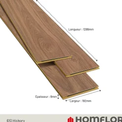 Homflor Sol stratifié Hicory carya , passage extrême AC6, effet bois Hickory brun, L.128,6 cm x l.21,4 cm x ép.10 mm, résistant à l'eau- Sol Stratifié