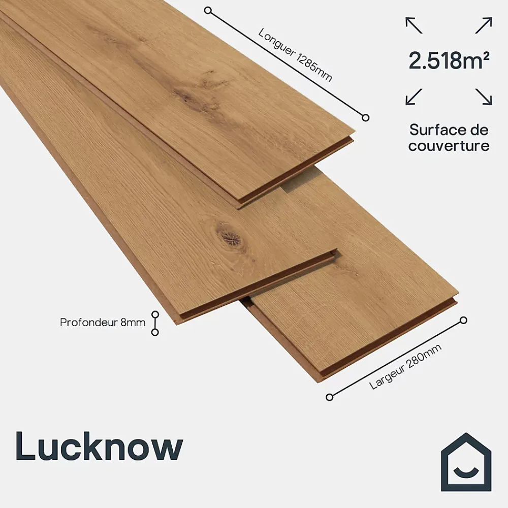 GoodHome Sol Stratifié<Sol stratifié Lucknow , passage intense AC5, effet chêne, L.128,5 cm x l.28 cm x ép.8 mm, résistant à l'eau