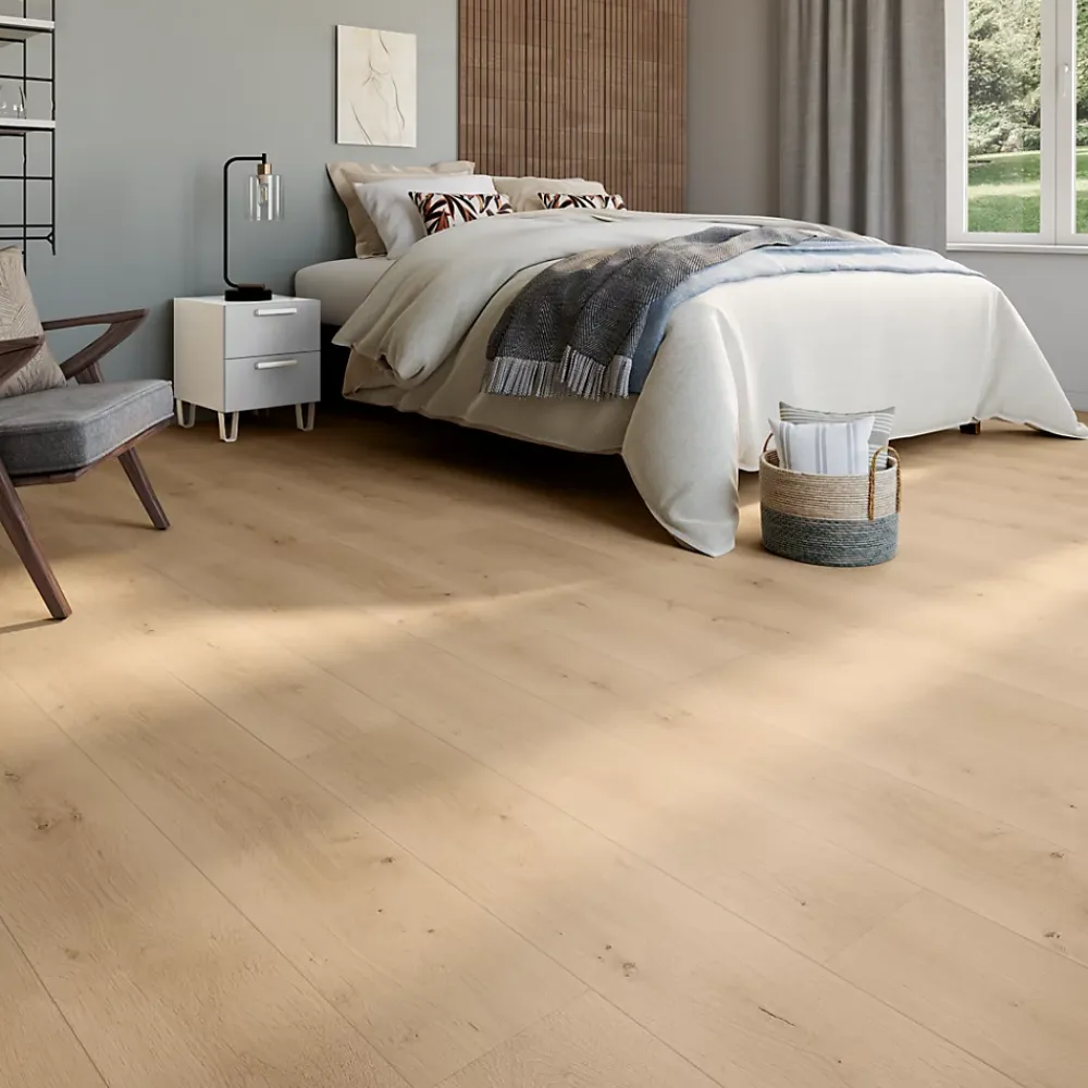 GoodHome Sol stratifié Randolph , passage intense AC5, effet chêne blond, L.129,2 cm x l.19,3 cm x ép.8 mm- Sol Stratifié
