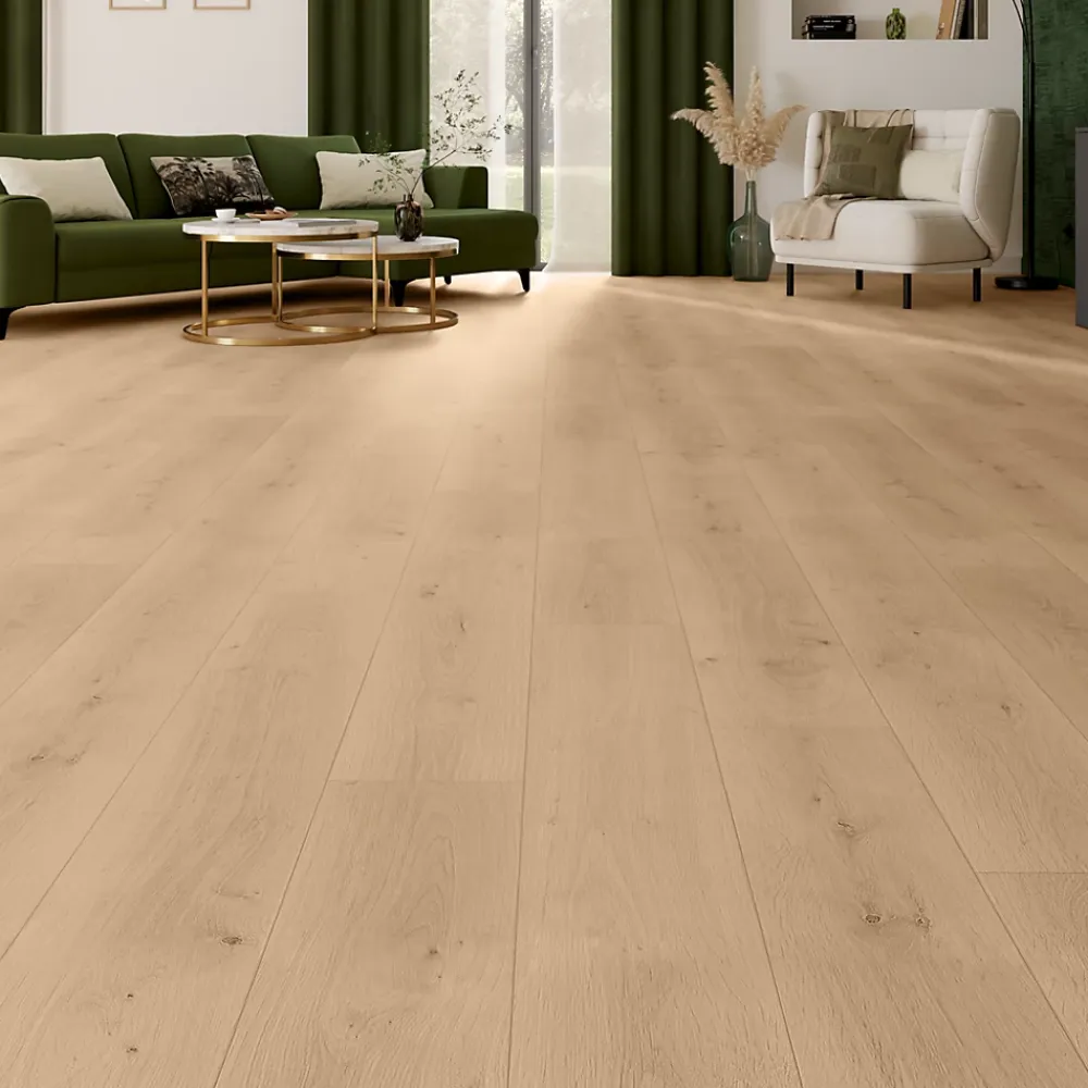 GoodHome Sol stratifié Randolph , passage intense AC5, effet chêne blond, L.129,2 cm x l.19,3 cm x ép.8 mm- Sol Stratifié