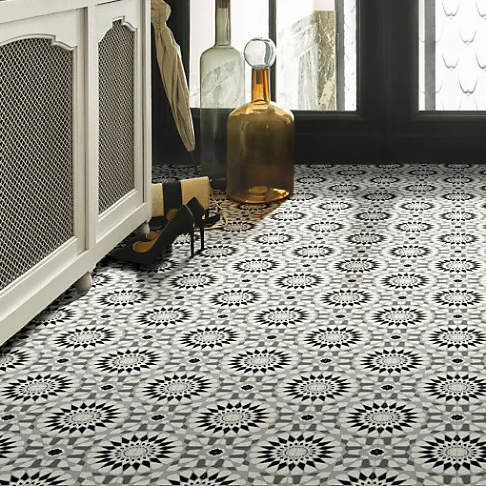 Décoweb Lino Sol Vinyle Pvc<Sol Vinyle Carreaux de ciment mosaïque noir - Rouleau de 2m x 3m