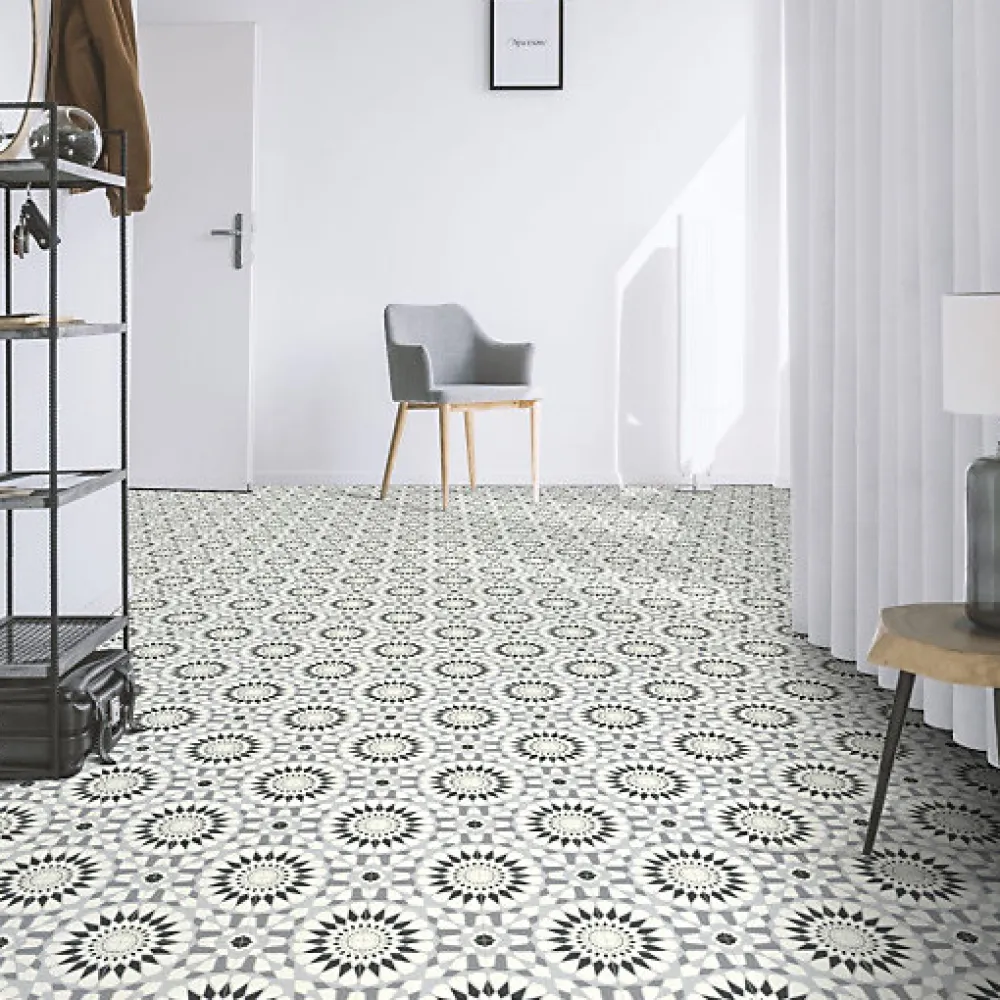 Décoweb Lino Sol Vinyle Pvc<Sol Vinyle Carreaux de ciment mosaïque noir - Rouleau de 2m x 3m