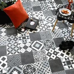 Décoweb Sol Vinyle effet Carreaux noir et blanc - Rouleau de 2m x 5m- Lino Sol Vinyle Pvc