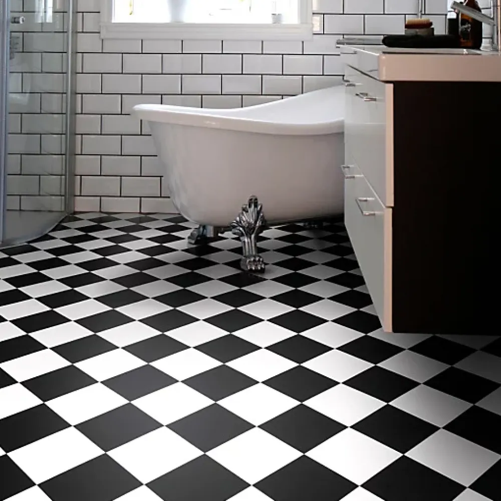 Décoweb Lino Sol Vinyle Pvc<Sol Vinyle effet damier diagonal Noir et blanc - Rouleau de 3m x 3m