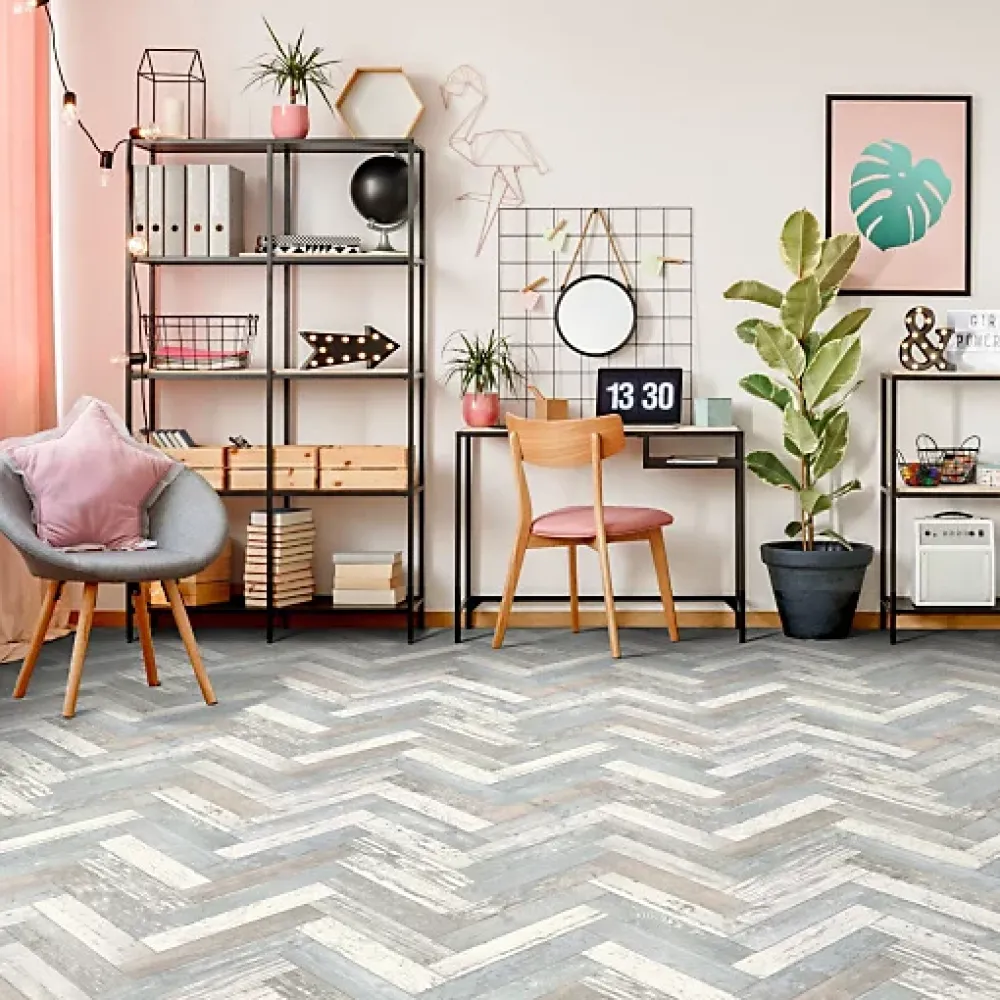 Décoweb Sol Vinyle effet parquet usé chevron coloré - Rouleau de 3m x 3m- Lino Sol Vinyle Pvc