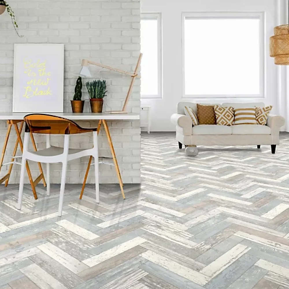 Décoweb Sol Vinyle effet parquet usé chevron coloré - Rouleau de 3m x 3m- Lino Sol Vinyle Pvc
