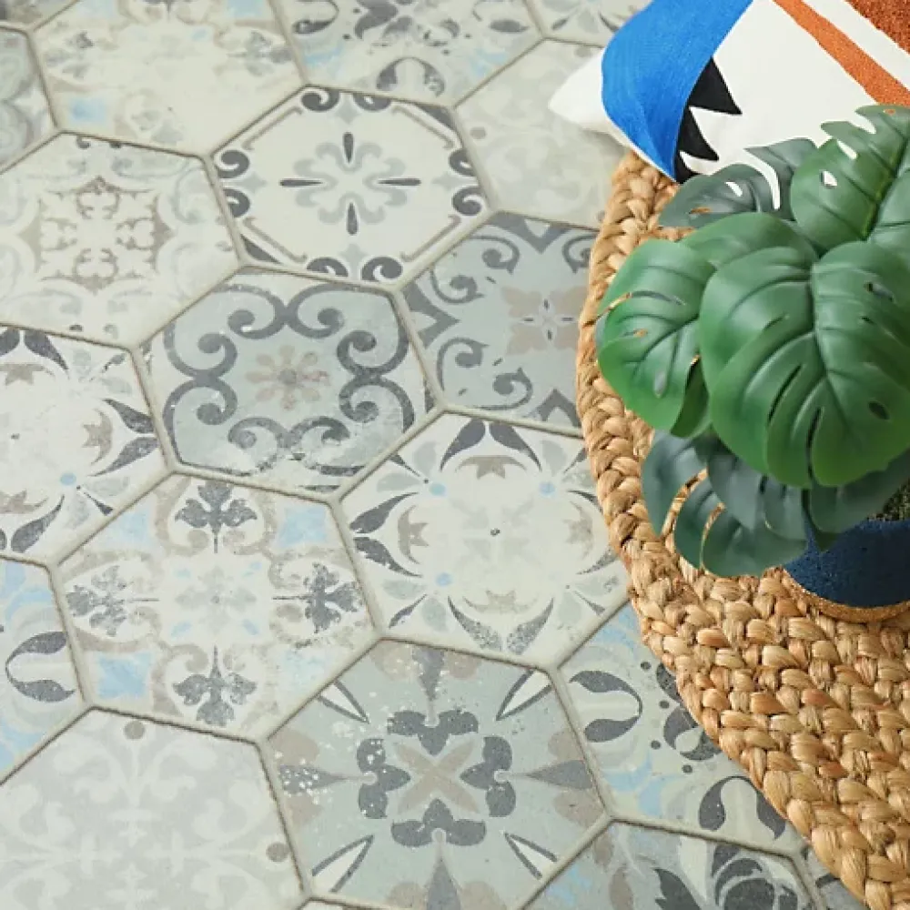 Décoweb Sol vinyle Textile effet carrelage hexagonal - Rouleau de 4m x 3m- Lino Sol Vinyle Pvc