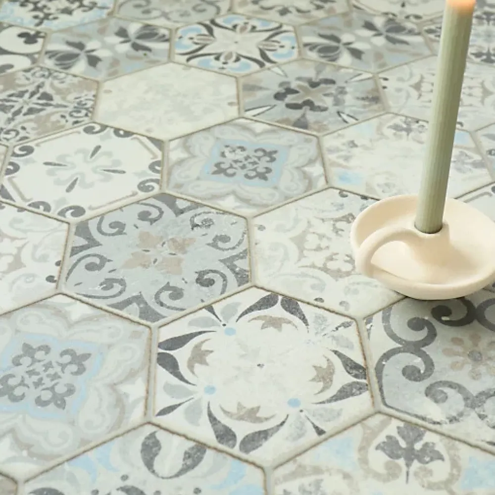 Décoweb Sol vinyle Textile effet carrelage hexagonal - Rouleau de 4m x 3m- Lino Sol Vinyle Pvc