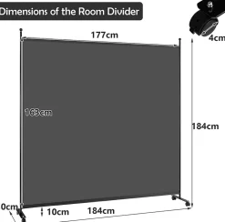 Giantex Cloison Amovible<Séparateur de Pièce 184 x 184 cm, Paravent de Confidentialité sur roulettes, Paravent Autoportant pour Salon, Chambre, Gris