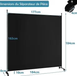 Giantex Séparateur de Pièce 184 x 184 cm, Paravent de Confidentialité sur roulettes, Paravent Autoportant pour Salon, Chambre, Noir- Cloison Amovible