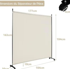 Giantex Séparateur de Pièce 184 x 184 cm, Paravent de Confidentialité sur roulettes, Paravent Autoportant pour Salon, Chambre, Blanc- Cloison Amovible