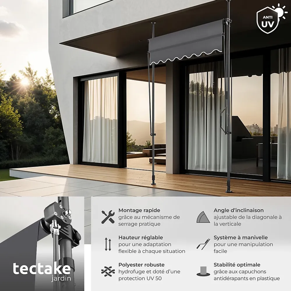 Tectake Auvent Et Marquise<Store à pince sans perçage en polyester 150 x 180 cm gris