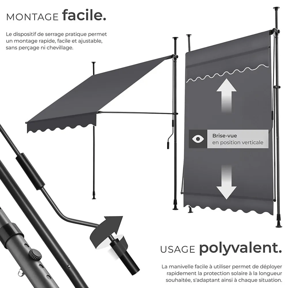 Tectake Auvent Et Marquise<Store à pince sans perçage en polyester 150 x 180 cm gris