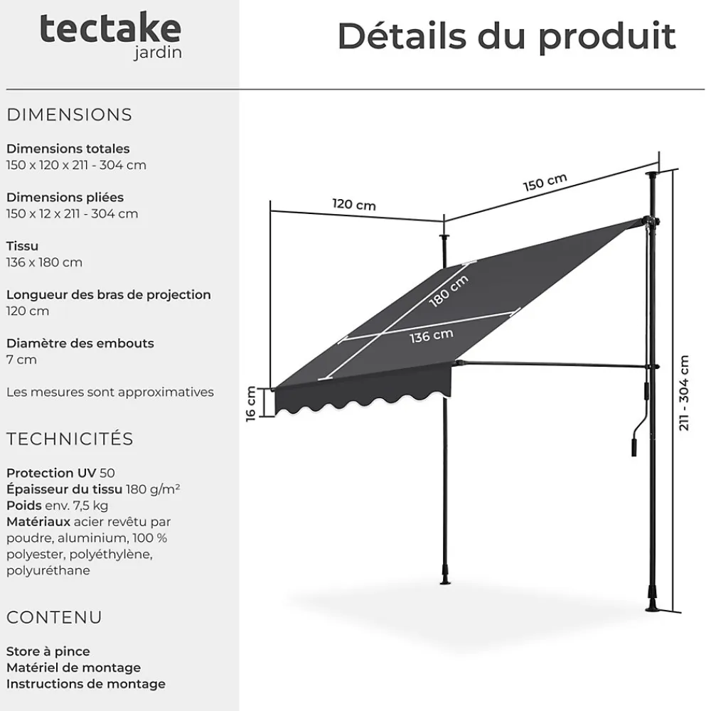 Tectake Auvent Et Marquise<Store à pince sans perçage en polyester 150 x 180 cm gris