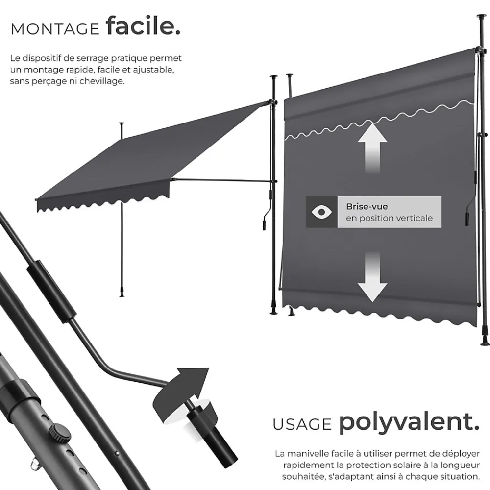 Tectake Store à pince sans perçage en polyester 250 x 180 cm gris- Auvent Et Marquise