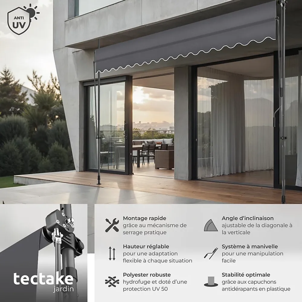 Tectake Store à pince sans perçage avec Manivelle Réglable en hauteur 211 - 304 cm noir/gris- Auvent Et Marquise