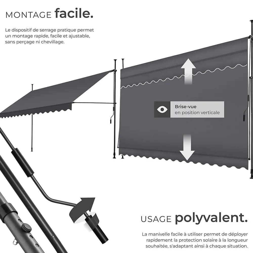 Tectake Store à pince sans perçage avec Manivelle Réglable en hauteur 211 - 304 cm noir/gris- Auvent Et Marquise