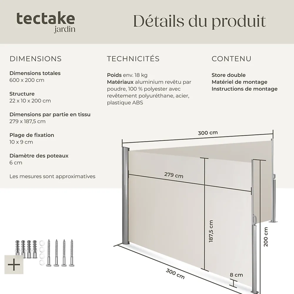 Tectake Store latéral double 160 x 600 cm en Aluminium beige- Auvent Et Marquise