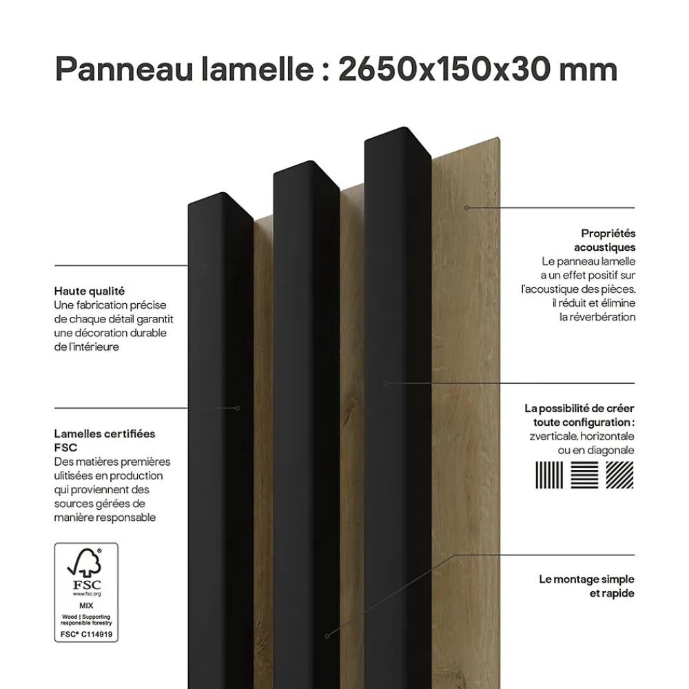 Stegu Lambris Mural|Panneau Tasseau Bois<Tasseau décoratif lambris lamelles Linea Slim Black MDF noir et chêne 15 x 265 cm, ép. 30mm