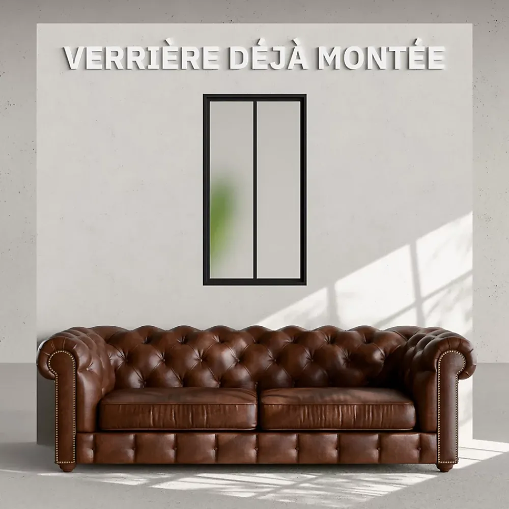 Mon Marché Déco Verrière 2 Carreaux - Déjà Montée - Noir Mat - Verre Dépoli- Verrière